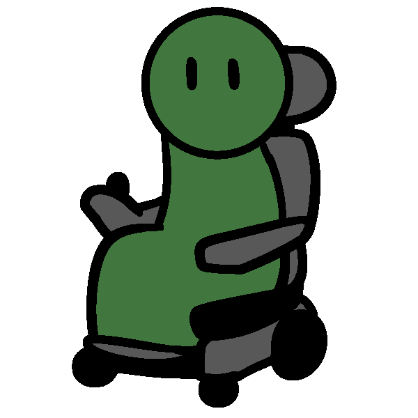A green figure in a gray power chair.